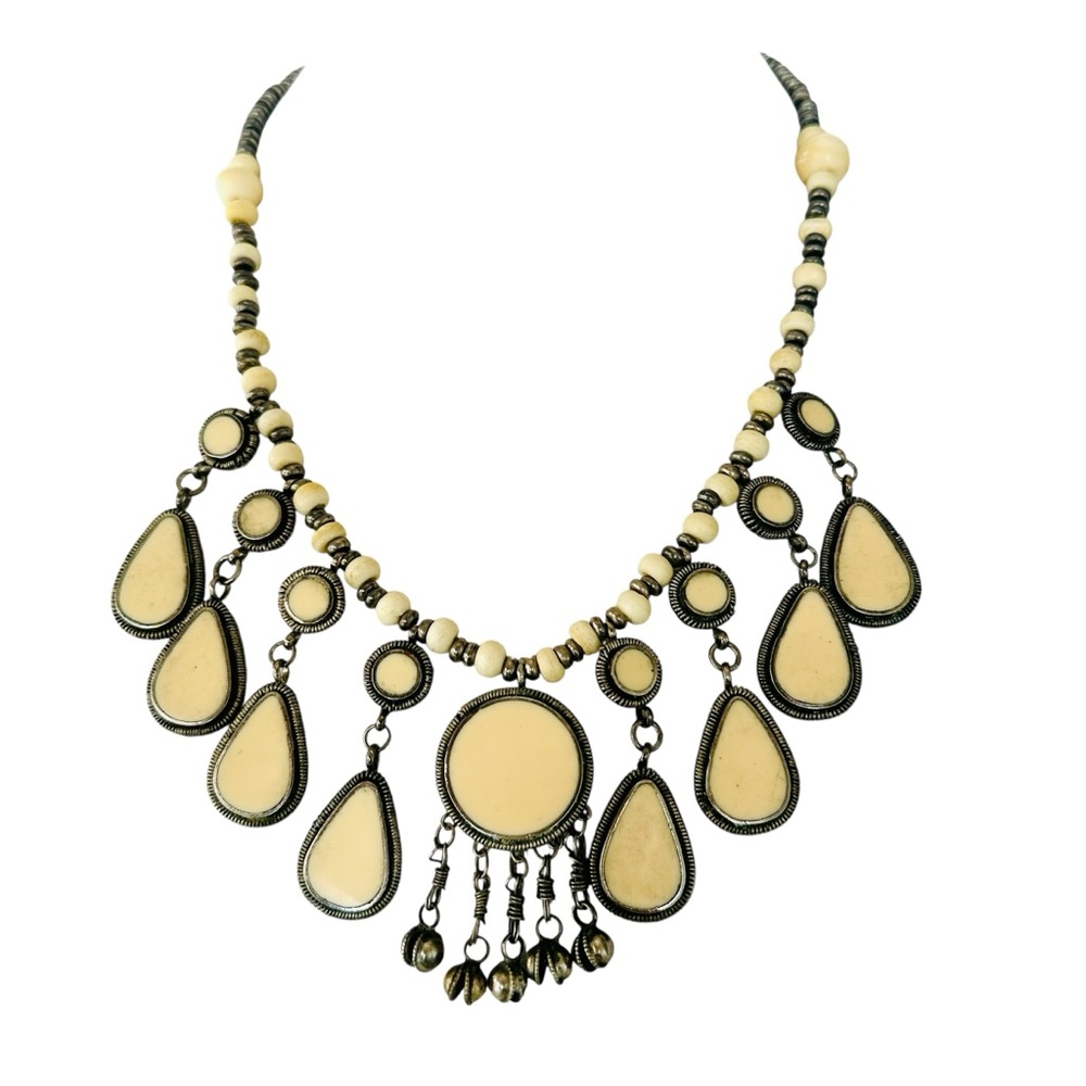Cream Colored Acrylic Beaded Statement Necklace with Silver Tine Chain